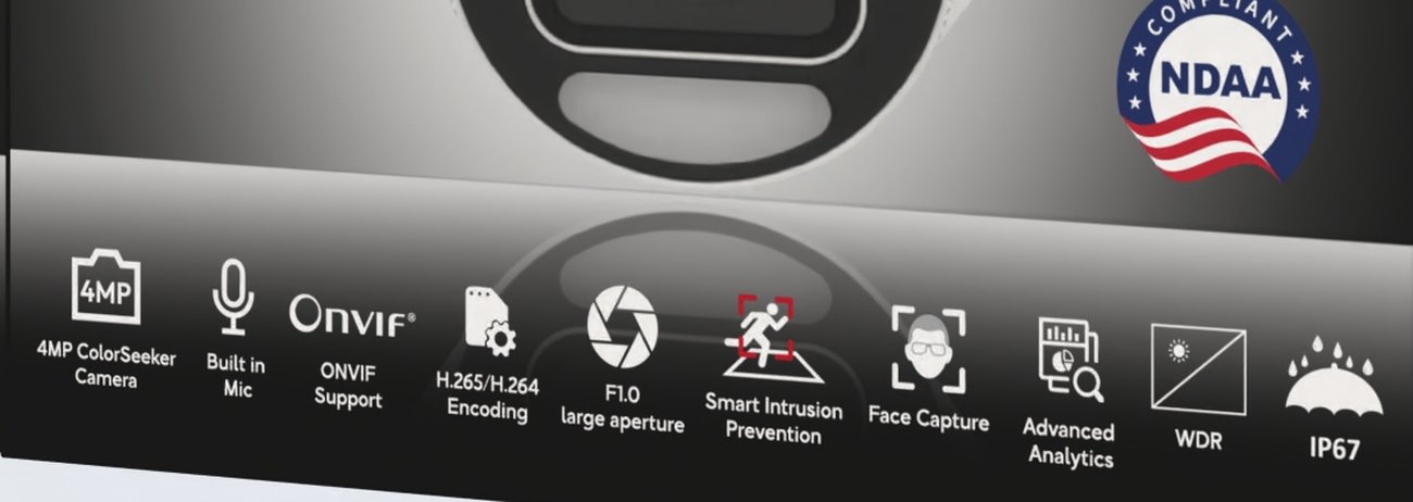 Icon-based specification strip along the bottom of the box